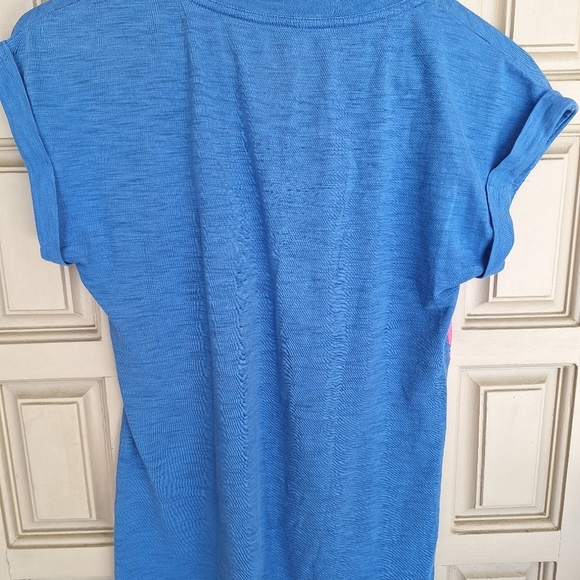 Xhileration Tropical Tee SzXS Rolled Short Sleeve Blue/Pink Palms V Neck Cutie - Picture 2 of 7